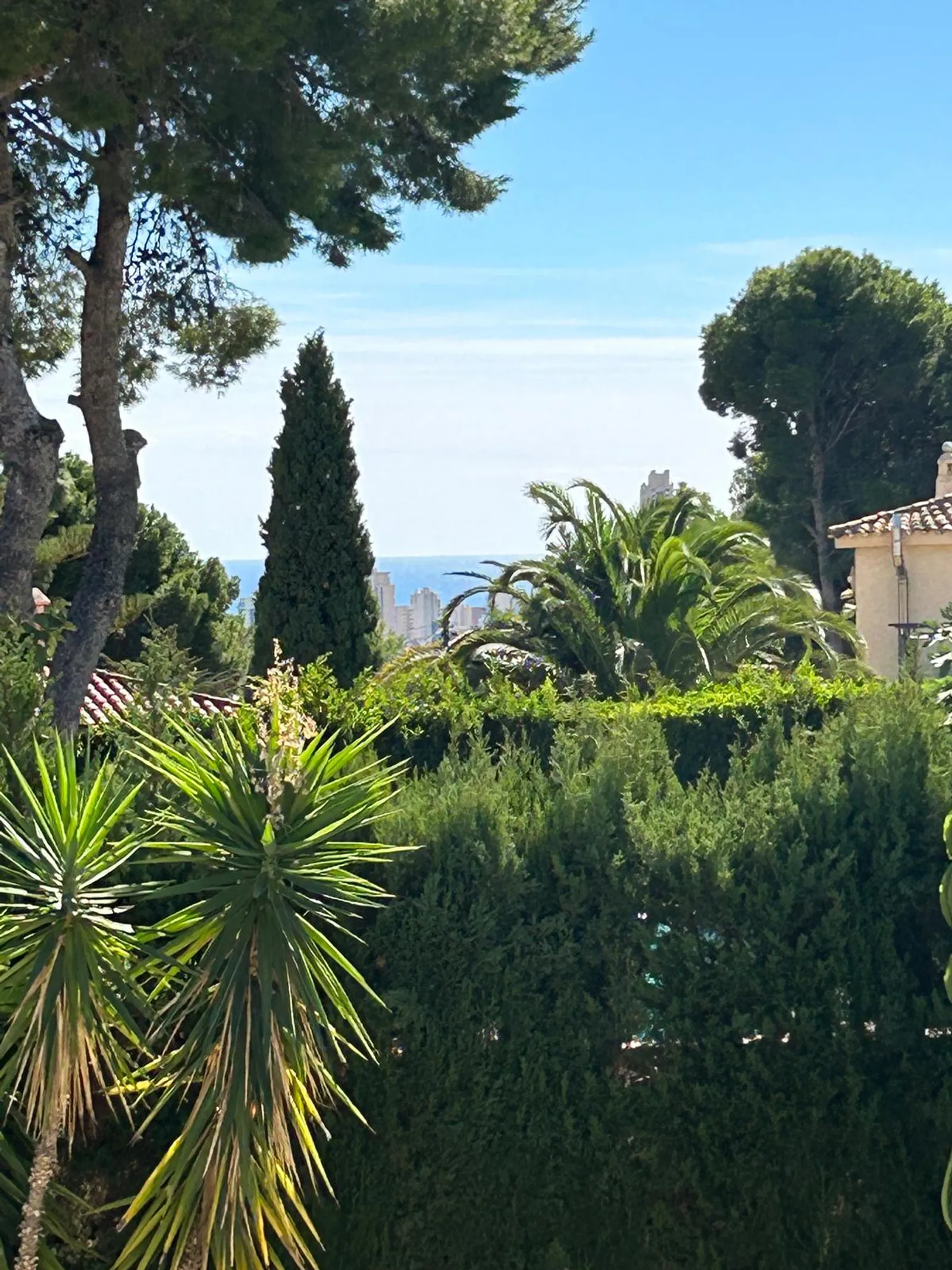 Vistas al Mediterráneo sobre el jardín del chalet en Benidorm